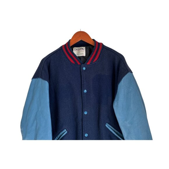 Vintage DeLong Varsity Jacket Mens XLarge Blue Wool & Leather Sleeves Retro - Picture 4 of 11